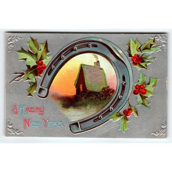 Vintage 1907-1915 New Year Postcard with Horseshoe and Cottage Lithograph - Picture 1 of 2
